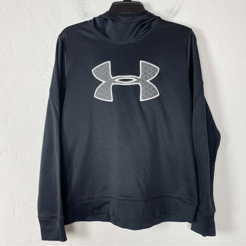 UA Under Armour Hoodie‎ Jacket Pullover Black Quilted Logo Gray Coldgear Fleece